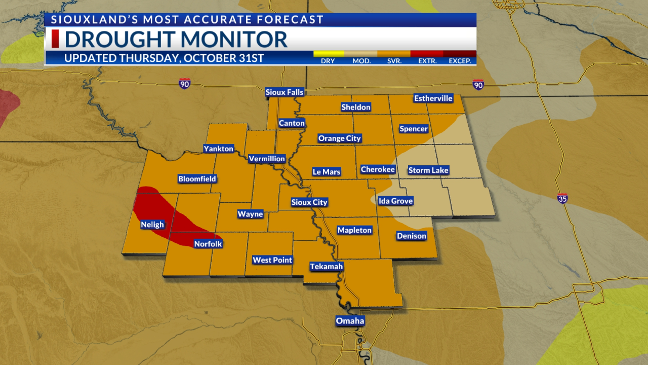 La sequía severa se extendió a la mayoría de Siouxland con una sequía extrema al oeste